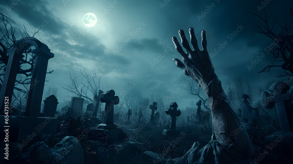 Spooky graveyard Halloween background with resurrected zombie ghost hand raising up, AI generated - obrazy, fototapety, plakaty 
