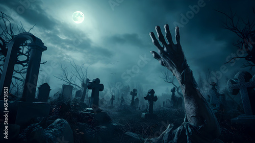 Spooky graveyard Halloween background with resurrected zombie ghost hand raising up, AI generated