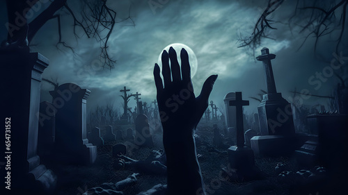 Horror zombie ghost hand raising at graveyard in full moon dark night background  AI generated