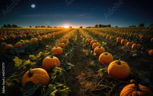 A vast pumpkin patch farm with rows of orange pumpkins stretching as far as the eye can see, capturing the essence of abundance and harvest
