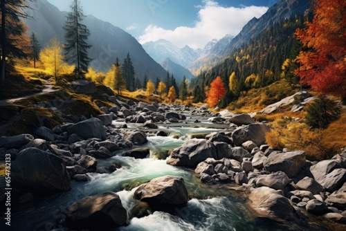 Landscape of a mountain river flowing through a forest in autumn colors