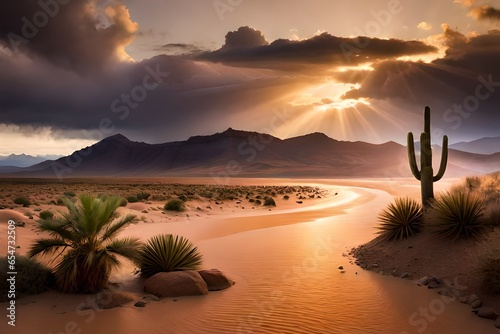 a worth view of sunset in the desert with stream photo