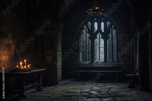 A dimly lit medieval castle room with a large arched stained glass window  wooden table  and hanging chandelier.