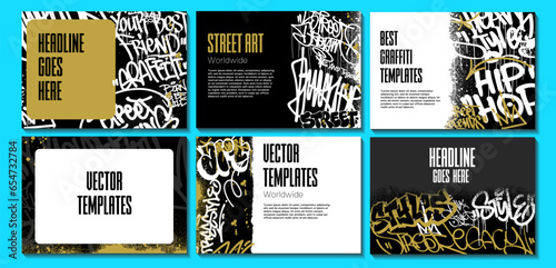 Graffiti poster or flyer design templates with colorful tags, grunge, scribblers and throw up. Hand-drawn abstract graffiti vector designs.