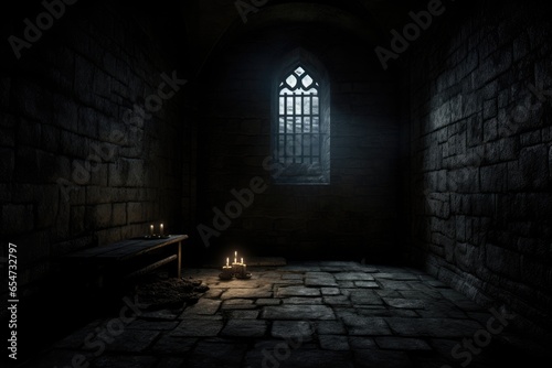 An eerie, gloomy dungeon room lit by three candles, with a window, wooden bench, and straw bedding in the corner.