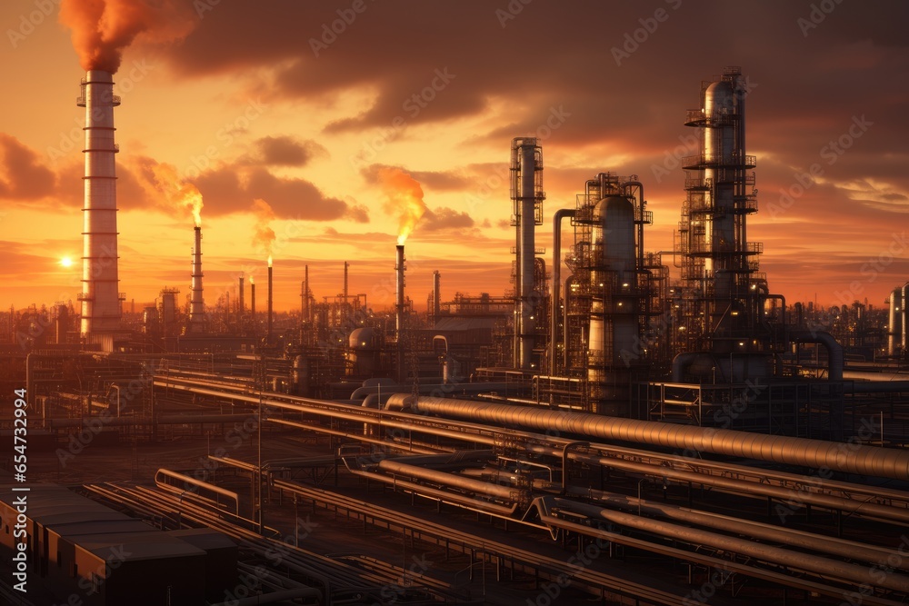 Sunset over an expansive industrial area with numerous metallic towers and pipes, and a smoking chimney in the background. Sunset over an expansive industrial area with numerous metallic towers and pipes, and a smoking chimney in the background.