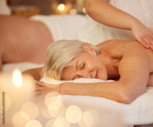 Wellness, back massage and senior couple at a spa for luxury, self care and muscle healing treatment. Health, relax and elderly man and woman on a retirement retreat for body therapy at natural salon