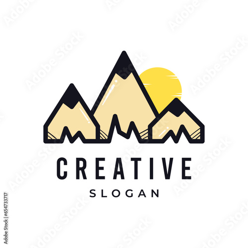 Pencil mountain sun nature creative logo concept. Vector drawing art illustration