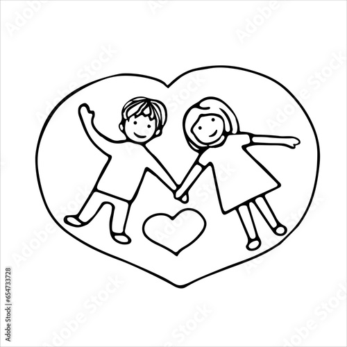 A boy and a girl are holding hands in their hearts. Vector black and white hand-drawn doodles. Template design, icon, clipart, sketch. February 14. valentine's day.