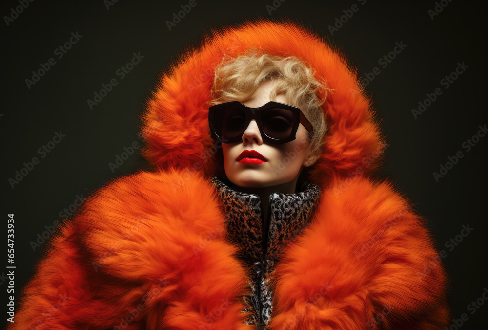 90s young woman in sunglasses and a fur coat