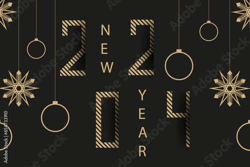 3d design New Year 2024 horizontal banner in trendy cut out paper style. Celebration gold 2024 poster with snowflake, ball in minimalist style. Vector illustration. 