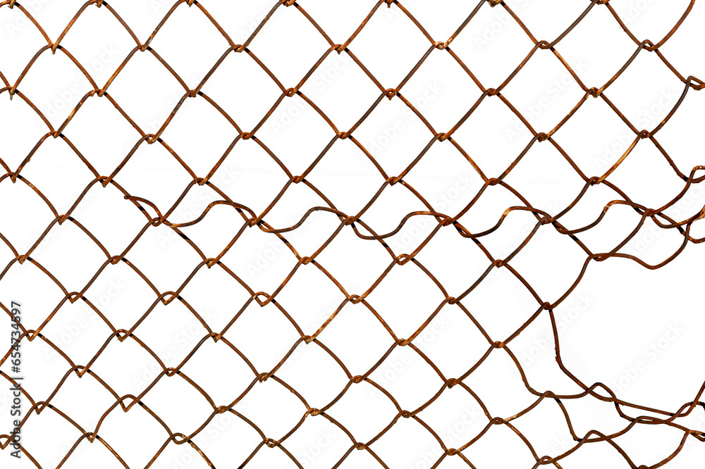 The texture of the metal mesh on a white background. Torn steel, metal mesh with holes The texture of the metal mesh on a white background. Torn steel, metal mesh with holes