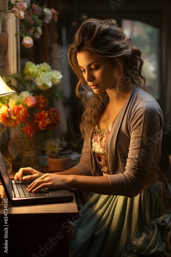 Beautiful blonde woman in a dress typing on her computer at home late at night with flowers in vases in the background, AI-generated image © Rando