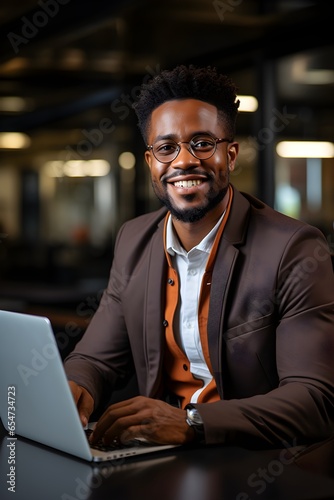 A corporate photograph of a successful black businessman in a suit working on his laptop at the office, an AI-generated image