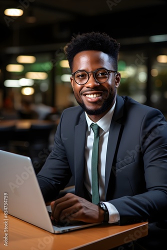 Successful, smiling black businessman in a suit working on his laptop at the office, AI-generated image