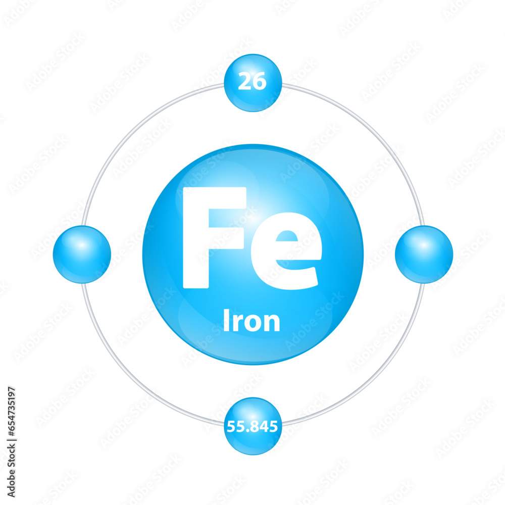 Fe Icon Block Iron (Fe) Icon structure chemical element round shape circle light blue ...