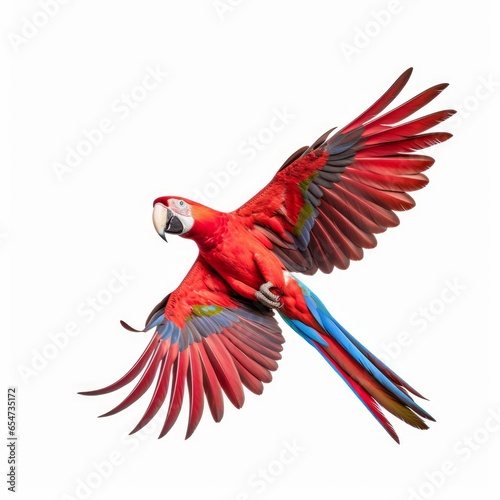 Red macaw flying isolated on white background cutout, Generative AI  © Ashutosh