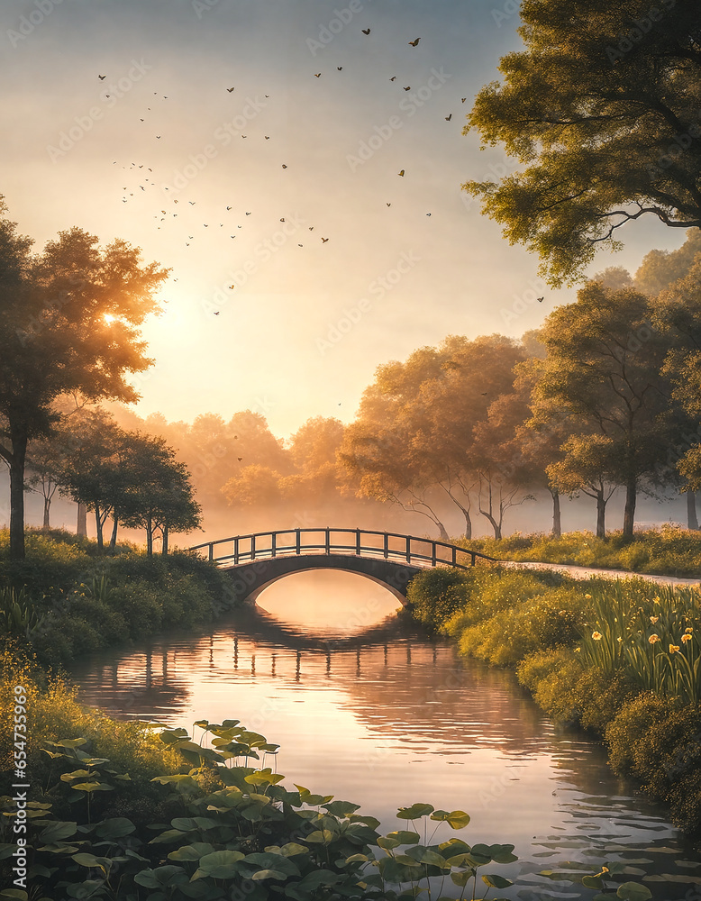 Bridge over a calm river. Serene and idyllic scene. Concepts of nature, peace, and inspiration