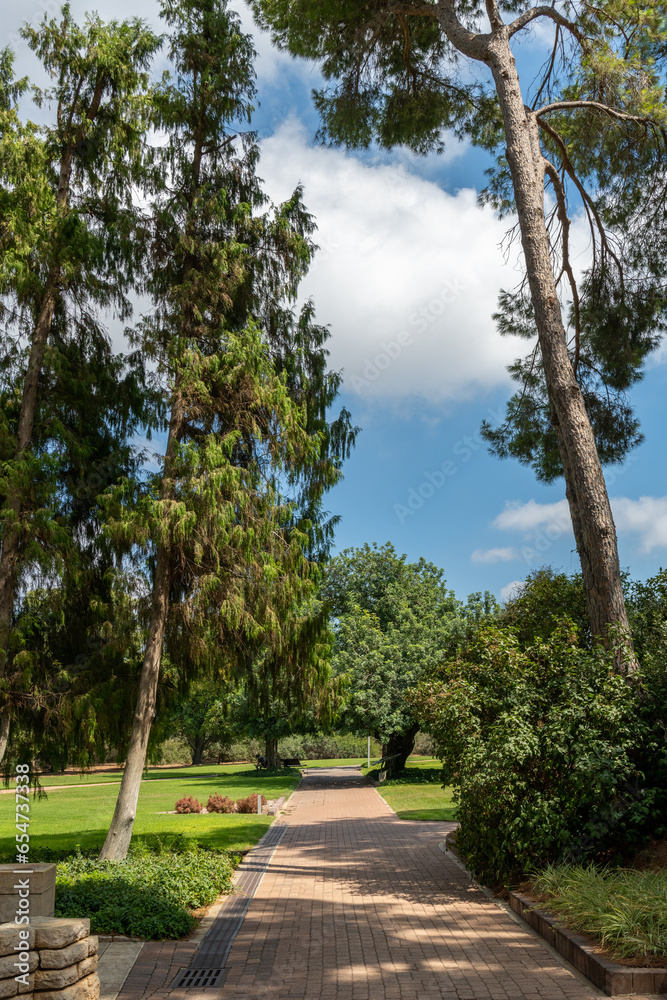 The beautiful landscaped park Ramat Hanadiv with many paths going through it near Zichron Yaakov, Israel. 
