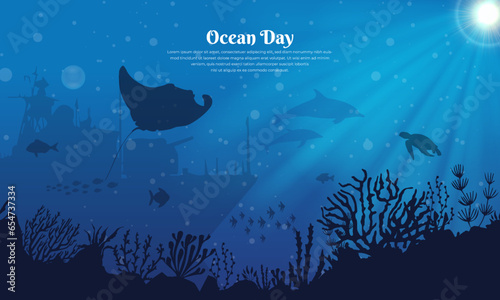 World oceans day design with underwater ocean, dolphin, shark, coral, sea plants, stingray and turtle. Let's save our oceans.