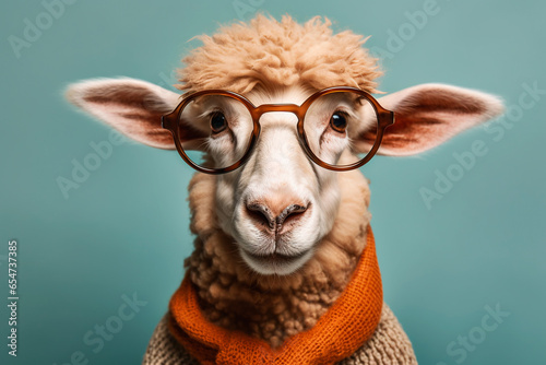 Funny sheep in glasses and scarf on a blue background, stylish portrait. Animal stylized