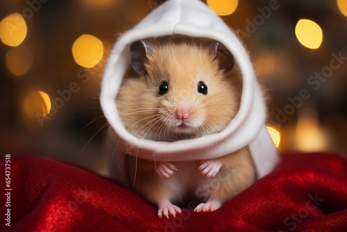 Photo of a charming hamster donning a miniature Santa hat  transforming into a pocket-sized Santa that exudes adorable holiday cuteness. Created with AI technology