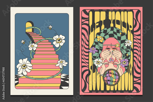 hippie poster with retro psychedelic art, vector illustration