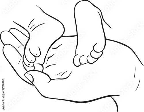 Hand drawn black and white vector line drawing of baby legs on father's hand. Engraving style. Line ink style