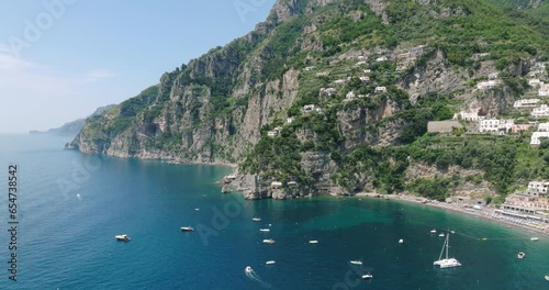 Aerial of the Tyrrhenian Sea and Fornillo Beach, Positano, Amalfi Coast, Italy photo