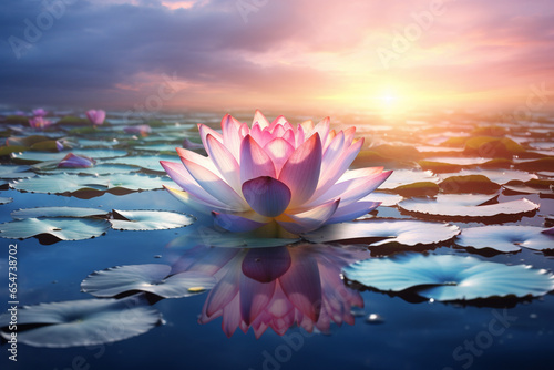Lotus flower in full bloom, peacefully floating on the mirrored surface of a serene lake. Ai generated