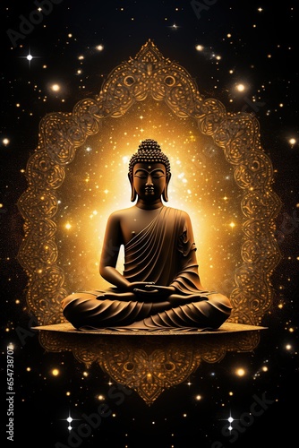 Golden Buddha statue on dark background with stars 