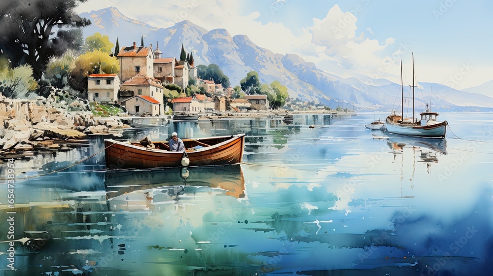 Beautiful watercolor paintings of fishing boats.