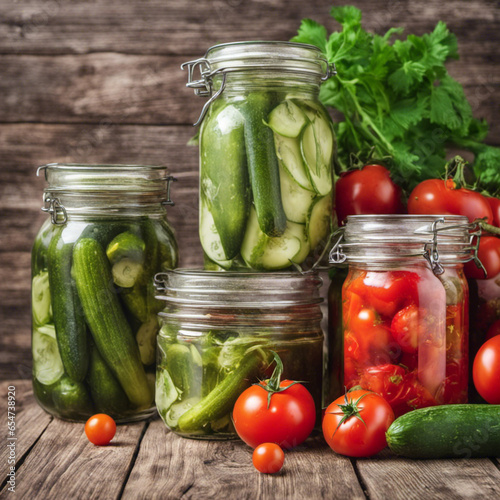Canned cucumbers and cherry tomatoes in jars and fresh vegetables for preservation on a wooden background.