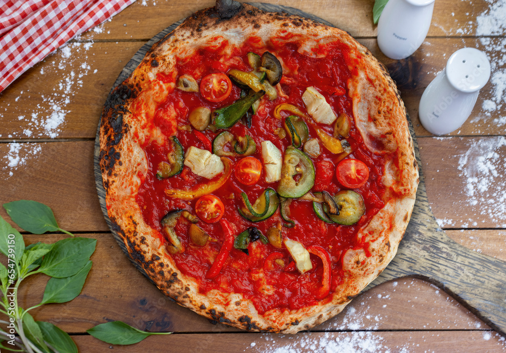 Vegan Pizza (Pizza Vegana) straight from a woodfired oven. Closeup