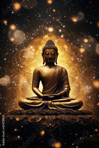 Golden Buddha statue on dark background with stars  © Chanakan