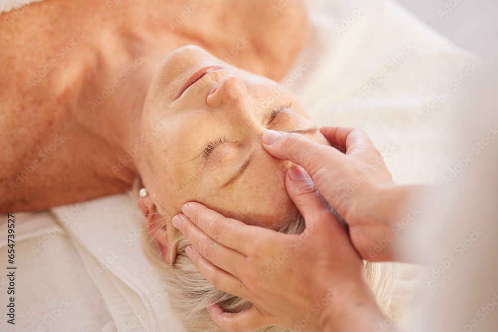 Relax, head massage and senior woman at a spa for luxury, self care and muscle healing treatment. Health, wellness and elderly female person on a retirement retreat for body therapy at natural salon. - obrazy, fototapety, plakaty 