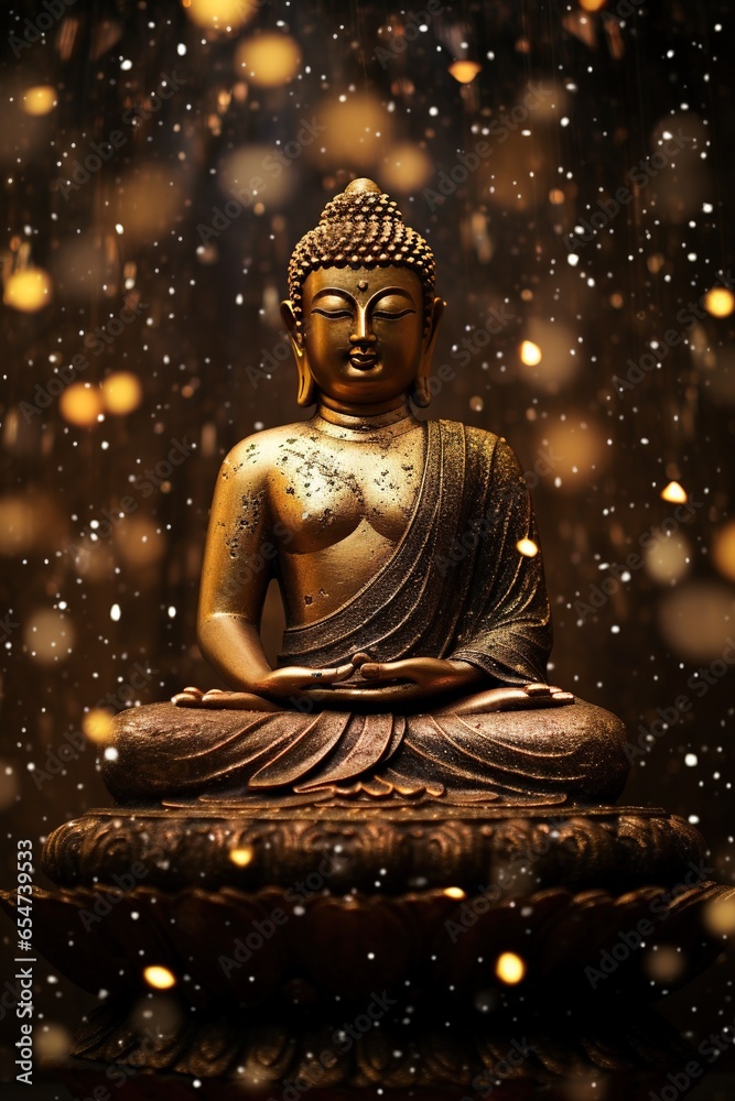 Golden Buddha statue on dark background with stars 