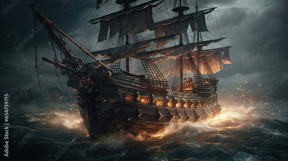 Fototapeta premium A Pirate Ship Battles Amidst the Stormy Seas