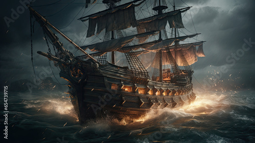 A Pirate Ship Battles Amidst the Stormy Seas photo