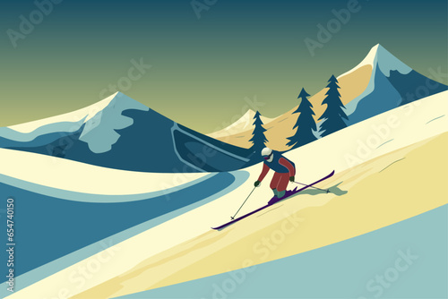 Skier descending snowy mountain slope poster adventure nature outdoor vector 