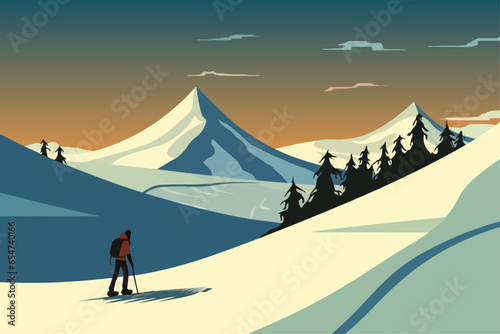Man descending snowy mountain slope poster adventure nature outdoor vector 