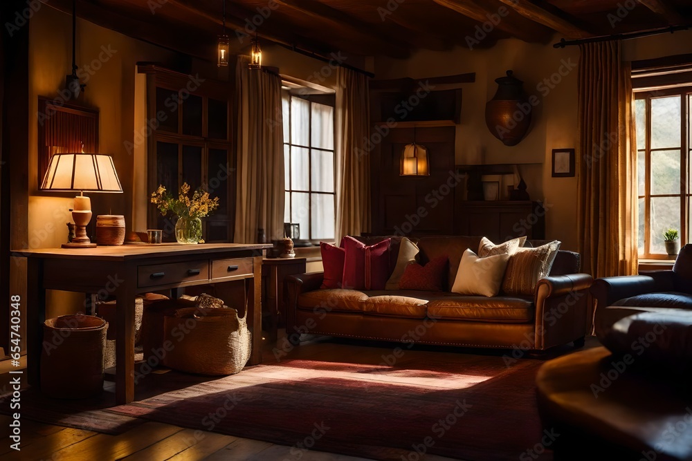 Fototapeta premium A Photograph capturing the warmth and cozy ambiance of a farmhouse interior, bathed in soft golden light, showcasing rustic textures and inviting furniture.