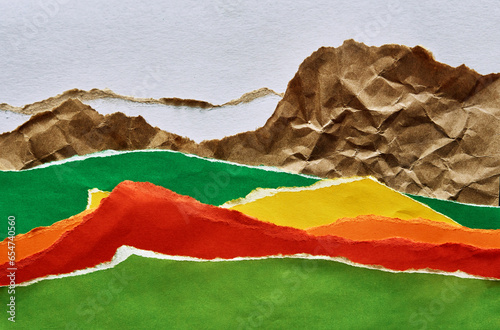 Artistic collage with torn deckled paper edges. Mute colored fields and floral meadows with textured copyspace. Analog aesthetic art technique