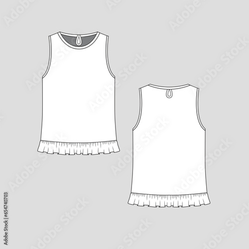 sleeveless ruffle hem keyhole top crew neck ruffle frill detail at hem vest  back keyhole fashion flat sketch drawing template cad