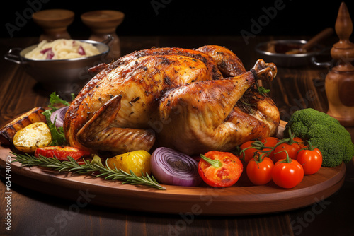 Roasted rotisserie chicken presented on a rustic wooden plate, surrounded by a colorful array of farm-fresh vegetables. Ai generated