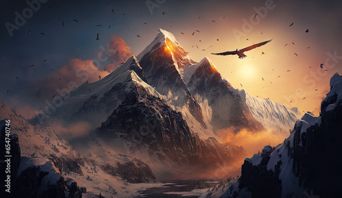 Sunset Soar: Hyper-Detailed Birds Glide over Mount Everest