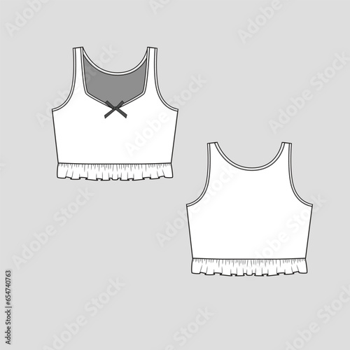 sleeveless ruffle hem bow crop top fancy neck with bow tank sleeveless ruffle frill detail at hem vest fashion flat sketch technical drawing template design vector
