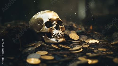 Gold skeleton skull trinket on top of a pile of scattered gold coins embedded in the ground dirt, lost in jungle tomb and cursed treasure not to be stolen.   