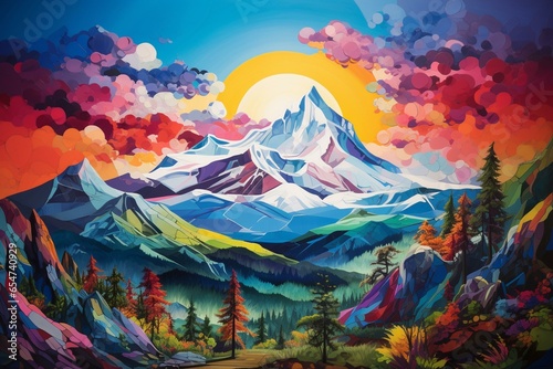 Colorful artwork depicting mountain scenery. Generative AI © Amira