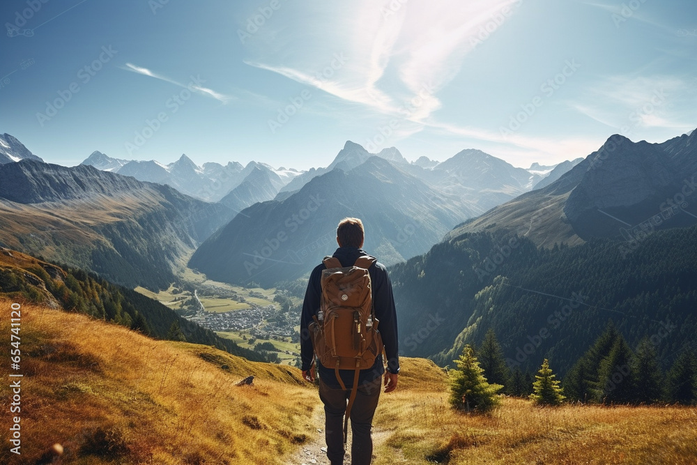 Fototapeta premium Beautiful mountain trail, where a male hiker embarks on an adventurous journey amidst breathtaking mountain landscapes. Ai generated